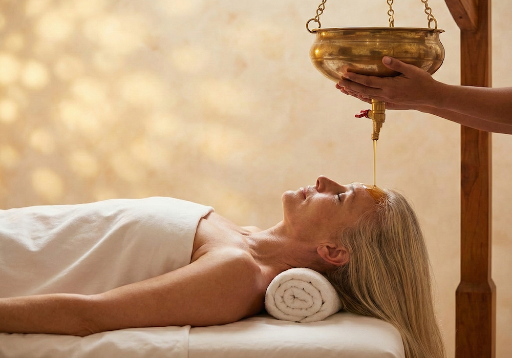A woman in her 50s with long blonde-grey hair relaxes deeply during a traditional Shirodhara oil treatment at an Ayurveda retreat in Bali. This holistic wellness ritual, featuring warm herb-infused oil poured gently onto the forehead, is designed to reset the nervous system and restore radiant energy as part of a blissful, supportive self-love journey