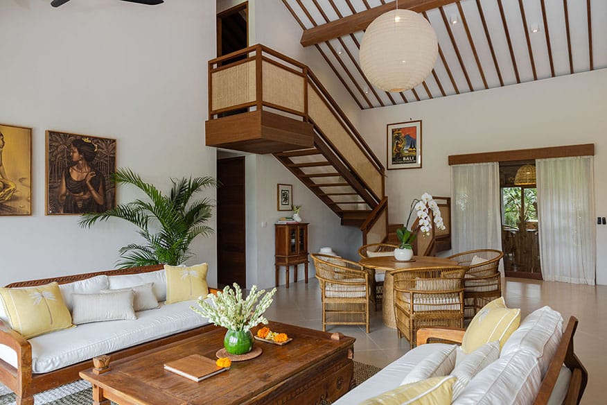 Gaia Room interior at luxury Bali retreat in Ubud – tropical decor, natural wood accents, and serene setting for a wellness getaway