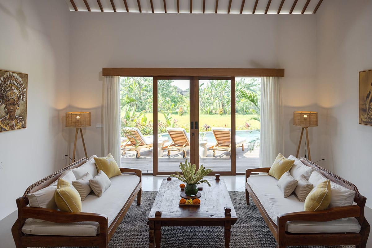 Gaia Premium Living Room at a Bali Retreat in Ubud – serene tropical interior with modern comfort and natural design accents.