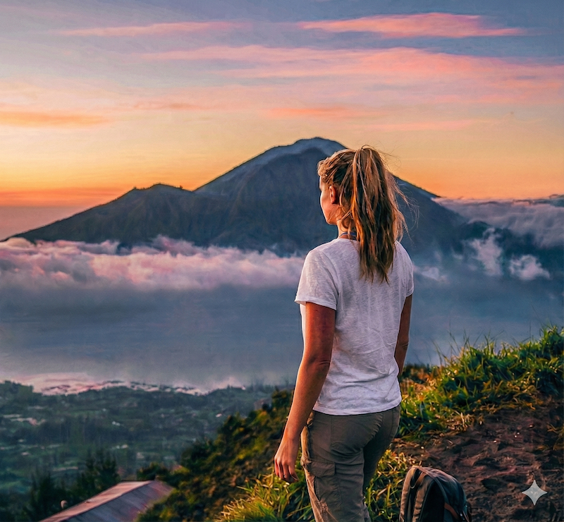 A woman in her 40s wearing a white t-shirt and hiking pants stands on a ridge overlooking the volcanic peak of Mt. Batur during a sunrise hike in Bali. Low-hanging clouds and a soft dawn sky surround the mountain at a Goddess Retreat, capturing the essence of The Vibrant Life through motion and exploration.