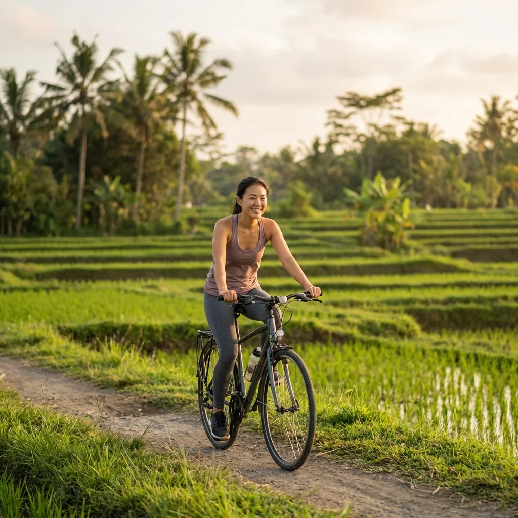 Woman riding a bicycle through lush green rice terraces at a holistic wellness retreat in Bali.