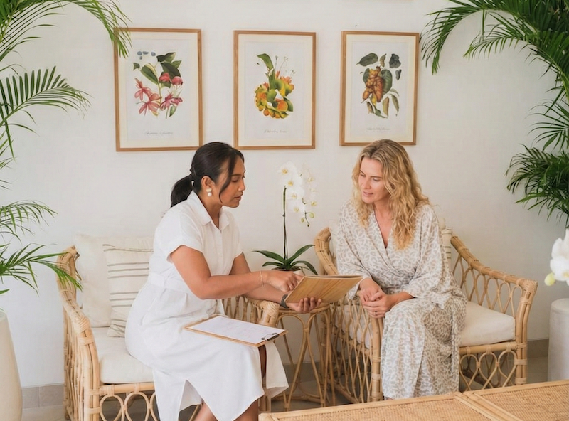 Naturopath health consultation at Goddess Retreats in Bali, featuring a wellness specialist and guest discussing a personalized health plan in a tropical, serene setting.