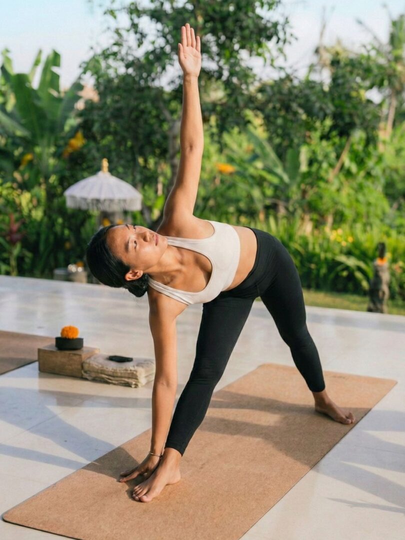 Woman stretching in a yoga pose outdoors during a women’s wellness retreat in Bali.