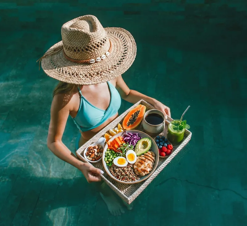 Healthy floating breakfast at a wellness retreat for women in Bali.