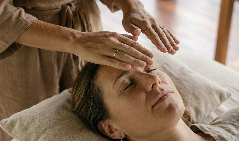 A close-up, image of a woman in her 40s with brown hair resting peacefully on a soft cloth pillow during a Quantum Energy Healing session at Goddess Retreats in Bali, with the practitioner’s hands hovering over her forehead to balance energy and clear subconscious patterns.
