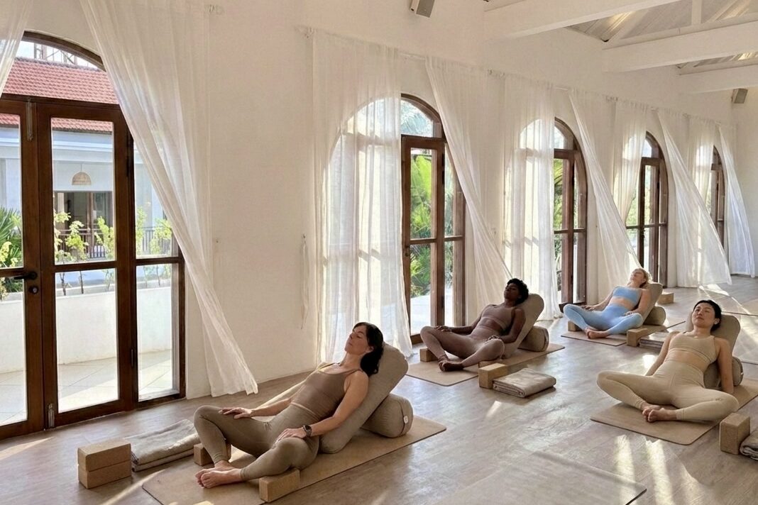 Women relaxing in a supported restorative yin yoga pose with bolsters in the peaceful, sun-drenched studio at Goddess Retreat.