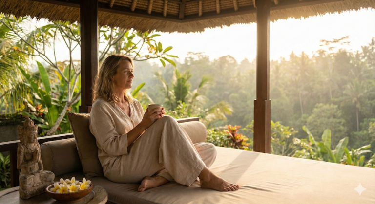 woman in emotionally peaceful setting overlooking jungle in meditation pavillion on goddess retreats in bali